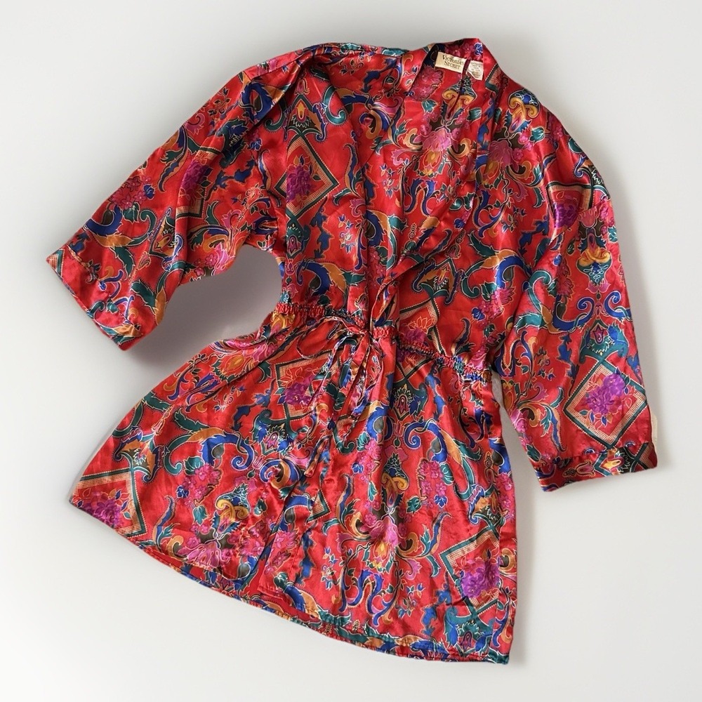 VTG Victoria's Secret Gold Label Satin Kimono Robe PS Red Holiday Floral Paisley